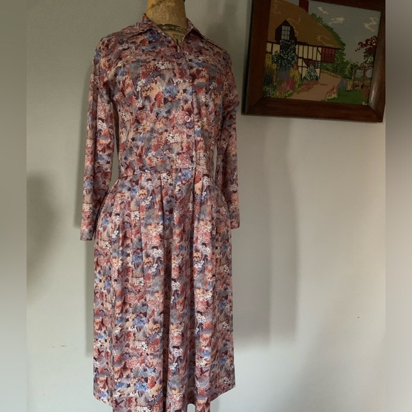 Handmade Vintage 1970 knee length poly secretary dress with collar browns & blue - Picture 3 of 12